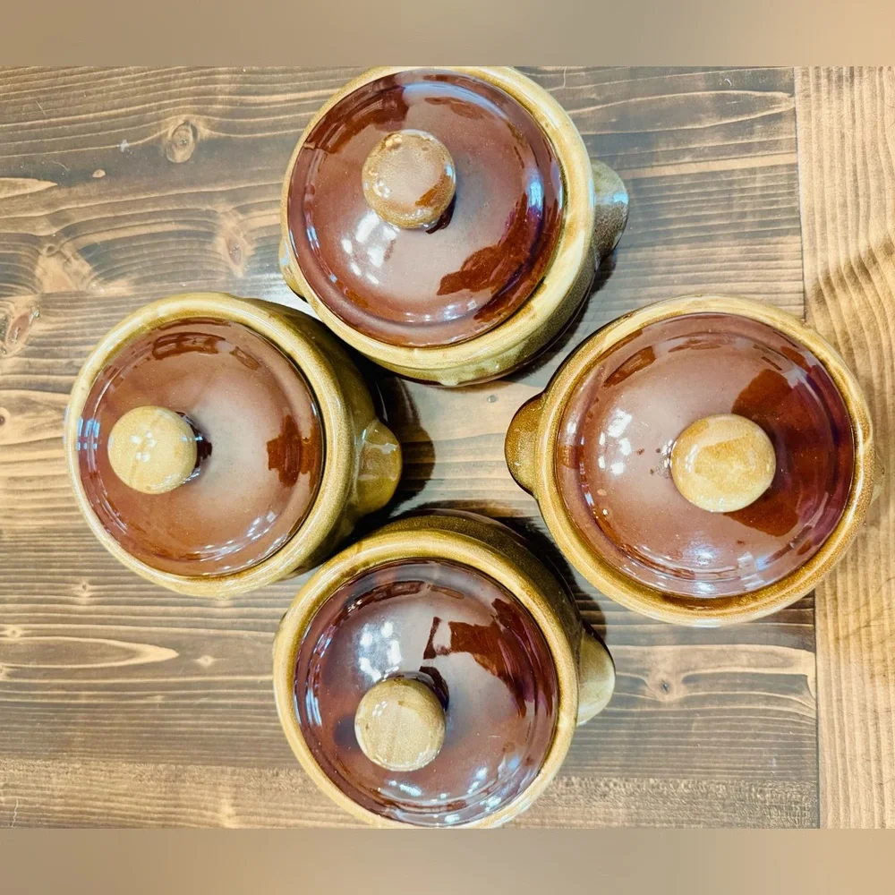 Brown and Tan Stoneware Bowl Set With Lids Set‎ of 4
